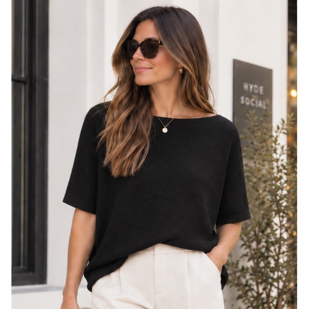 Eileen Fisher Organic Cotton Crepe Bateau Boxy Knit Top XS Black Quiet Luxury